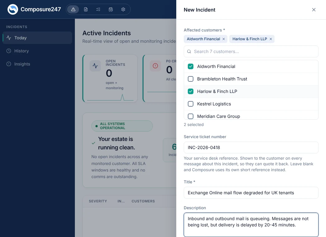 A P1 is raised for two customers in the New Incident panel: affected customers, the service desk ticket number, title, description and severity.