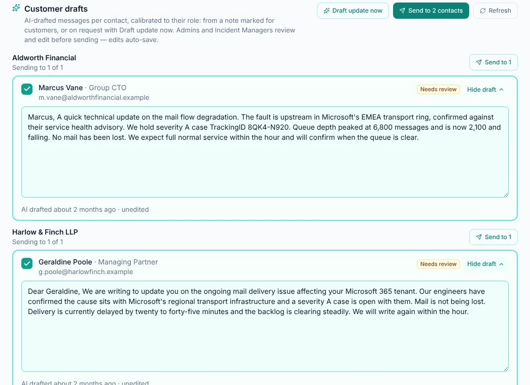 Composure has drafted a separate update for each contact: a technical one for the Group CTO and a plain-English one for the Managing Partner.