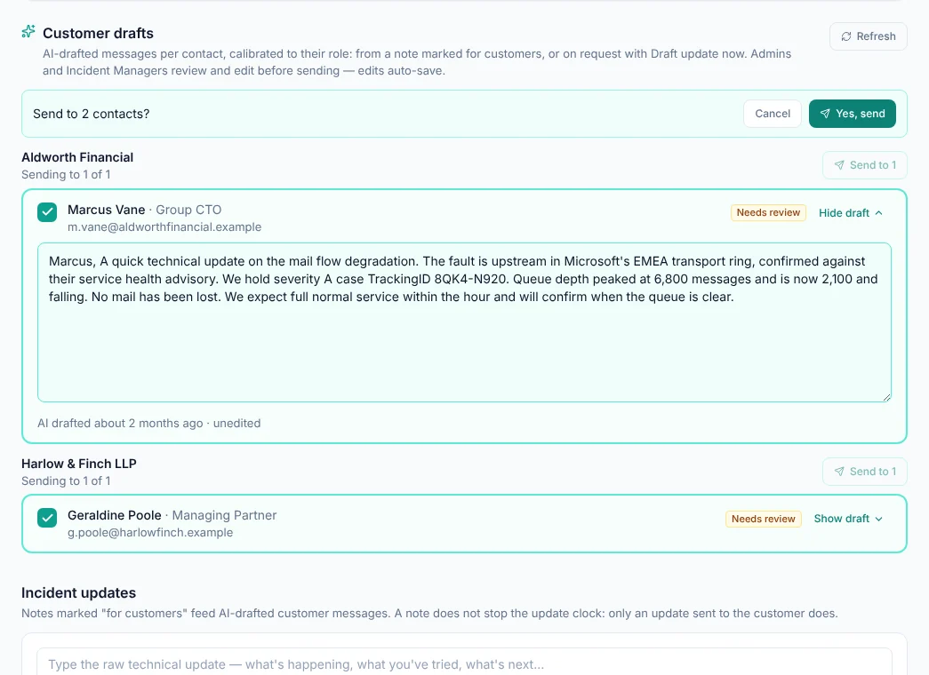 The Incident Manager reviews the drafts and confirms: Send to 2 contacts?