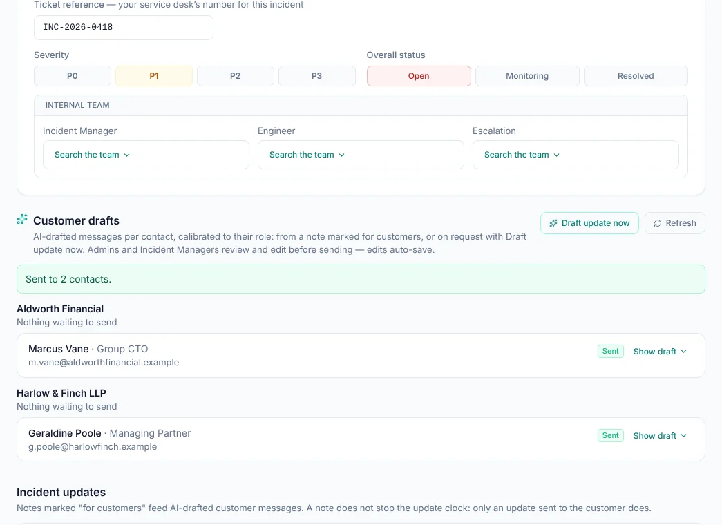 Both updates are marked Sent, and the confirmation reads Sent to 2 contacts.